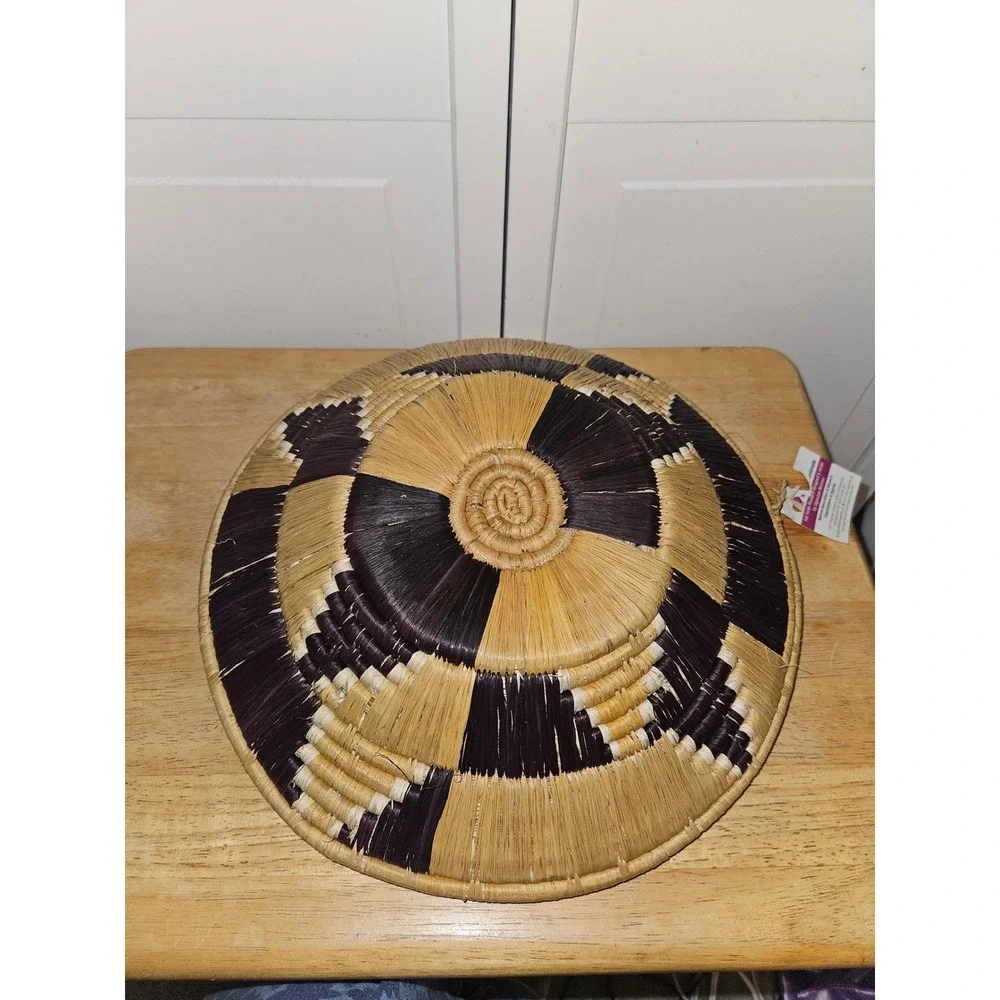 Handmade Ugandan Woven Wall Baskets Set of 2 Purple Orange Tan Geometric Decor